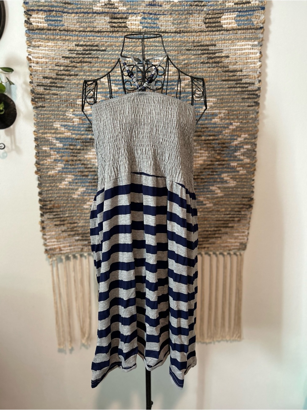 Just Love Striped Gray and Navy Strapless Summer Dress